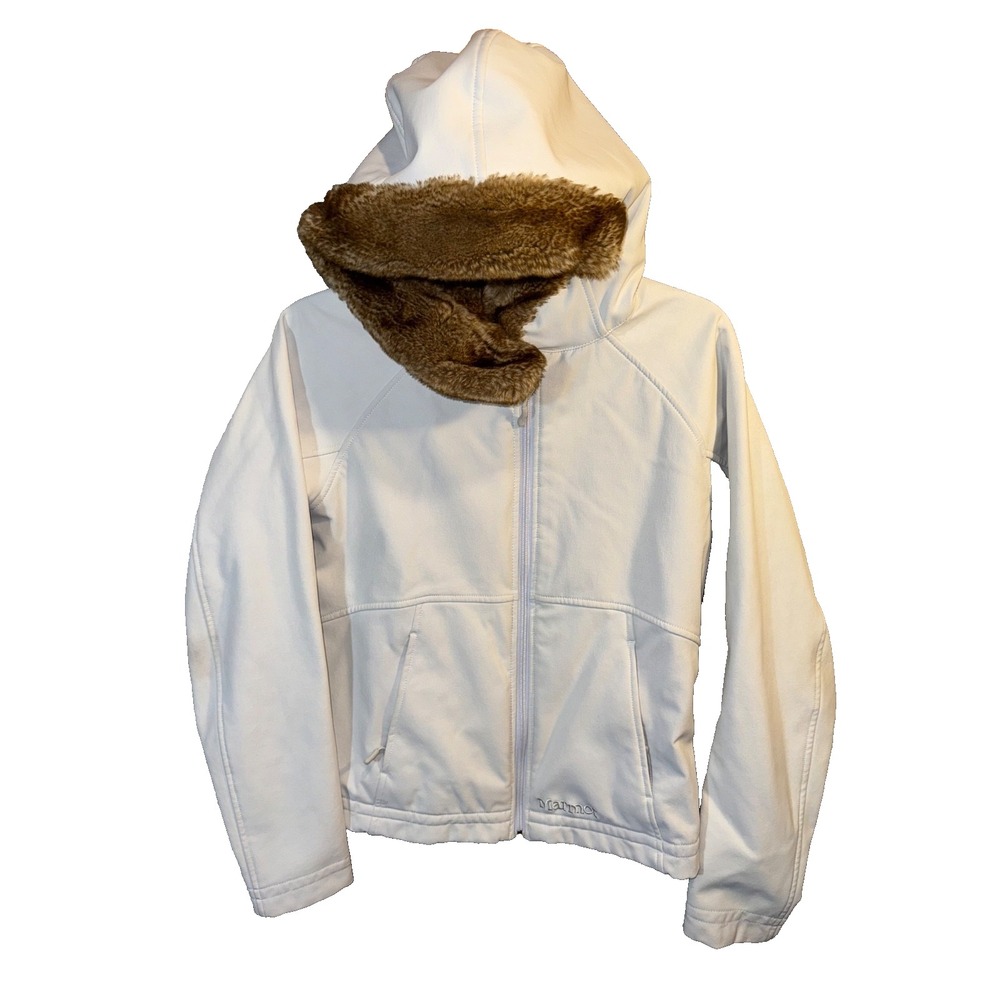 Marmot Softshell Jacket Women Medium White Faux Fur Hood Lined Full Zip Winter